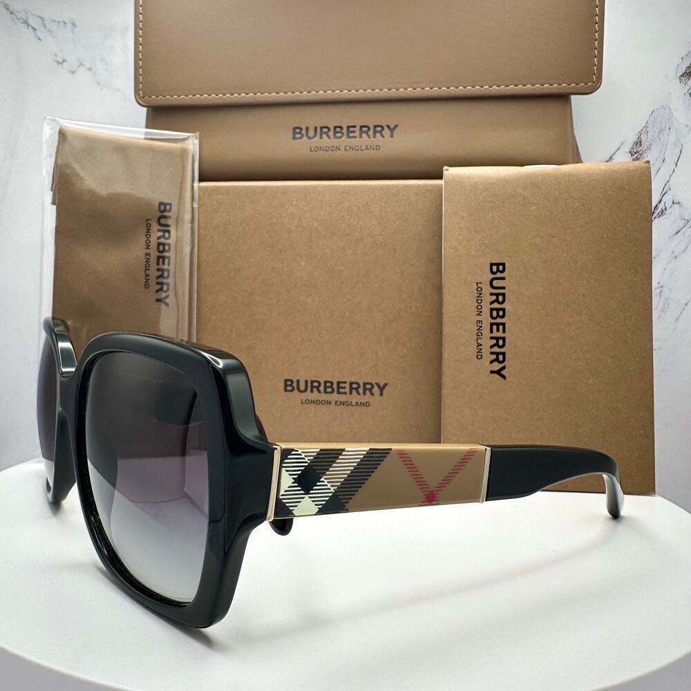 New Burberry Sunglasses Black Square Frames Checkered Arms Gradient BURBERRY - Picture 1 of 16